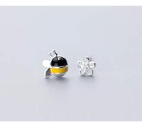 925 Sterling Silver Lovely Asymmetry Bee & Flower Stud Earrings For Women Fashion Jewelry