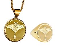 925 Sterling Silver Luna Moth Pendant Necklace & Signet Ring |LK_PCOM_0042 | 925 Sterling Silver Pendant Size 24mm Gold Plated Winged Charm Meaningful Jewelry Set