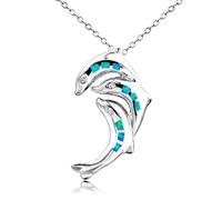 925 Sterling Silver Made Blue Fire Opal Parent-Child Dolphin Pendants Necklace For Women Jewelry