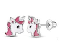925 Sterling Silver Majestic Pink and White Enamel Unicorn Safety Screw Back Earrings for Little Girls & Preteens - Vibrant Pink Unicorn For Girls Dress Up Games - Casual Enamel Girl Earrings