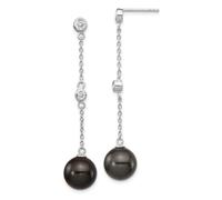 925 Sterling Silver Majestik Rhodium Plated 10 11mm Black Imitat Shell Pearl CZ Simulated Diamond Earrings 52x10mm Wide Stud Earring for Women
