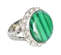 925 Sterling Silver Malachite Ring Round Cabochon 18mm Green Gemstone Bezel Set Handmade Jewelry Gift for Women Anniversary Birthday Christmas K 1/2, 51 (16.2)