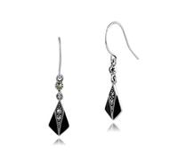 925 Sterling Silver Marcasite with Black, Blue Enamel Art Deco Kite Shaped Dangle Drop Earrings 2cm Long