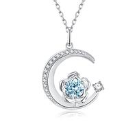 925 Sterling Silver March Birthstone Created Aquamarine Necklace Rose & Moon Pendant Blue Gemstone Birthday Anniversary Jewellery Gifts for Women Girls Mother Daughter, Adjustable Chain