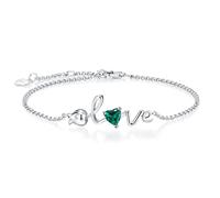 925 Sterling Silver May Birthstone Bracelets Rose Love Heart Bracelet Created Emerald Green Gemstone Dainty Charm Link Jewellery for Women Girls, 20cm Adjustable Chain