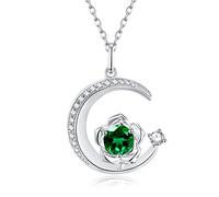 925 Sterling Silver May Birthstone Created Emerald Necklace Rose & Moon Pendant Green Gemstone Birthday Anniversary Mothers Day Jewellery Gifts for Women Girls Mother Daughter, Adjustable Chain