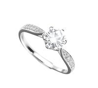 925 Sterling Silver Moissanite Ring - Six-Prong Solitaire with CZ Accent Band, UK Size L-P, Elegant Gift Jewellery