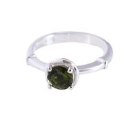 925 Sterling Silver Moldavite Ring 5mm Round Faceted Green Prong Set Minimalist Handmade Silver Jewelry Statement Band Q1/2, 58(18.5)