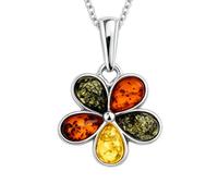 925 Sterling Silver & Multi-Stone Teardrop Shaped Genuine Baltic Amber Designer Flower Pendant - 1665