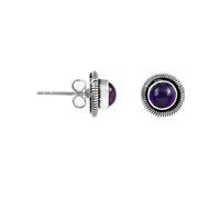 925 Sterling Silver Natural 6mm Round Amethyst Stud Earrings for Women | Cabochon Gemstone Vintage Oxidized Stud Earrings