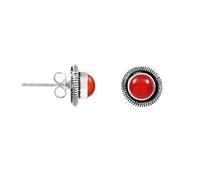 925 Sterling Silver Natural 6mm Round Carnelian Stud Earrings for Women | Cabochon Gemstone Vintage Oxidized Stud Earrings