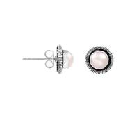 925 Sterling Silver Natural 6mm Round Pearl Stud Earrings for Women | Cabochon Gemstone Vintage Oxidized Stud Earrings