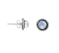 925 Sterling Silver Natural 6mm Round Rainbow Moonstone Stud Earrings for Women | Cabochon Gemstone Vintage Oxidized Stud Earrings