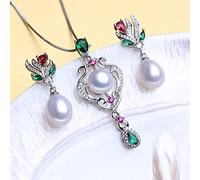 925 Sterling Silver Natural Freshwater Pearl Jewelry Sets For Women Pearl Necklace Ruby Earring Idea Gift