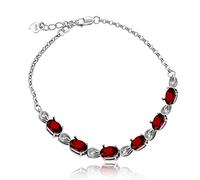 925 Sterling Silver Natural Garnet Bracelet Oval Cut Red Crystal 6 Stones Link Bracelet Platinum Plated FB054-Garnet-Silver