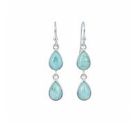 925 Sterling Silver Natural Gemstone Dangle Earrings, Double Teardrop Cabochon, Minimalist Hook Style, Handmade, Garnet, Rose Quartz and Others 3 gm (Larimar)