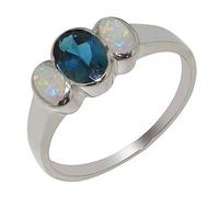 925 Sterling Silver Natural London Blue Topaz & Opal Womens Trilogy Ring - Size S 1/2