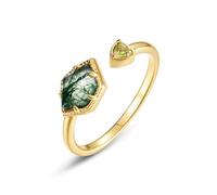 925 Sterling Silver Natural Moss Agate Ring Gold Plated Geometric Green Opening Adjustable Simple Promise Engagement Wedding Valentines Gifts for Women