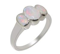 925 Sterling Silver Natural Opal Womens Trilogy Ring | Size O | gift for 14th Wedding Anniversary