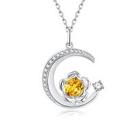 925 Sterling Silver November Birthstone Created Citrine Necklace Rose & Moon Pendant Yellow Gemstone Birthday Anniversary Jewellery Gifts for Women Girls Mother Daughter, Adjustable Chain