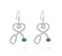 925 Sterling Silver Nurse Earrings Fish Hook Stethoscope Dangle Drop Earrings with Green May Birthstone Crystal Gift for Doctor Nurse RN Medical Student