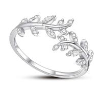 925 Sterling Silver Open Rings, Adjustable Stylish Finger Wrap Around Leaves Promise Ring, Personalised Bling Rhinestones Silver Jewelry for Women Girls, Chic Gifts for Mother Girlfriends Sister