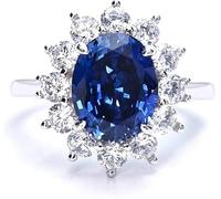 925 Sterling Silver Oval Cut Natural Blue Sapphire & Moissanite Gemstone Halo Statement Cocktail Engagement Wedding Gift Ring for Women