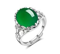 925 Sterling Silver Oval Green Agate Emerald Ring Retro Inlaid Chalcedony Engagement Ring Anniversary Ring Wedding Party Statement Cocktails Ring Hollowed Out Totem Open Ring for Woman