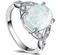 925 Sterling Silver Oval Shaped Created Fire Opal Wedding Engagement Promise Anniversary Ring (Silver White, M)