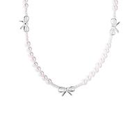 925 Sterling Silver Pearl Bow Necklace - Korean Style Princess with Delicate Charm and Natural Pearls (Silver)