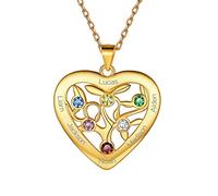 925 Sterling Silver Personalised Heart Family Tree of Life Necklace with Choice of Birthstone Setting 18K Gold Plated Custom Name 6 Six Birthstone Heart Tree Circle Pendant Necklace for Teen Girls