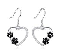 925 Sterling Silver Pet Paw Earrings Dog Cat Paw Print Dangle Earrings Heart Earrings Black Paw Jewellery Birthday Gifts for Women Pet Lovers