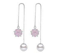 925 Sterling Silver Pink Crystal Cherry Flower Dangle Earring, Pearl Tassel Drop Earrings, Pull Through Ear Line Dangling Earrings, Jewelry for Women
