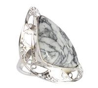 925 Sterling Silver Pinolith Ring Fancy Cabochon 26x15mm Natural Gray White Gemstone Handmade Boho Jewelry for Women Statement Cocktail Gift M 1/2, 53 (16.9)