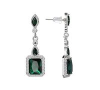 925 Sterling Silver Plated Square Emerald Sapphire Ruby Cubic Zirconia Dangle Halo Earrings for Women CZ Crystal Diamond Drop Dangling Ear Stud Wedding Bridal Dangle Earring for Bride (Emerald)