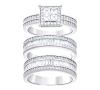 925 Sterling Silver Princess cut/baguette Round Cubic Zirconia His and Hers Trio Ring Set 7.3x14.6mm Wide Size 9 Band Style-Ring for Women