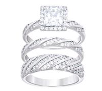 925 Sterling Silver Princess cut Round Cubic Zirconia His and Hers Trio Ring Set Size 6 Band Style-Ring for Women