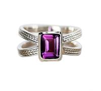 925 Sterling Silver Purple Amethyst Solitaire Ring for Women Square Cubic Zirconia Engagement Rhinestone Ring Split Shank Halo Birthstone X Ring Anniversary Statement Ring, 10#