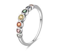 925 Sterling Silver Rainbow Eternity Band Ring, Rhodium Plated with Colorful Round AAA Cubic Zirconia Birthstone Anniversary Ring for Women (Round-silver, P 1/2)