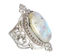 925 Sterling Silver Rainbow Moonstone Ring - Oval & Round 22x13mm Cabochon Purple Stones, Bezel Set Crystal Ring, Artisan Jewelry for Her 56 (17.80)