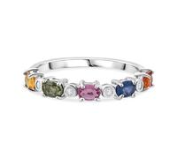 925 Sterling Silver Rainbow Sapphire Ring for Women - Rhodium Plated Stacking Band - 1.33 Ct Oval Multi-Color Sapphires & White Zircon - Birthstone Jewelry Gift for Her - Size O