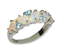 925 Sterling Silver Real Genuine Opal & Blue Topaz Womens Engagement Ring size R 1/2 October birthday gift for wife