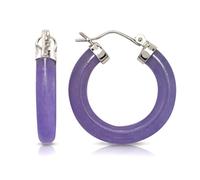 925 Sterling Silver/Rhodium Green Lavender Jade Or Black Onyx Tube Hoop Earrings (4mm X 26mm) (purple)-Hoop Earring for Women