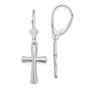 925 Sterling Silver Rhodium Plated Polished Beveled Latin Religious Faith Cross Leverback Earrings 34.5x11.75mm Wide Stud Earring for Women