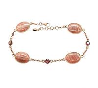 925 Sterling Silver Rhodochrosite & Garnet Bracelet for Women - Yellow Gold Plated Oval Cabochon Pink Stone with Round Red Garnet, Bezel Set Lobster Clasp Chain Bracelet 8.5 Inch