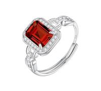 925 Sterling Silver Ring For Women Natural Gemstones 6X8Mm Emerald Cut Wedding Ring Cocktail Engagement Promise Band For Her Size Adjustable Garnet