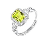 925 Sterling Silver Ring For Women Natural Gemstones 6X8Mm Emerald Cut Wedding Ring Cocktail Engagement Promise Band For Her Size Adjustable Peridot