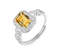 925 Sterling Silver Ring For Women Natural Gemstones 6X8Mm Emerald Cut Wedding Ring Cocktail Engagement Promise Band For Her Size Adjustable Citrine