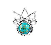 925 Sterling Silver Ring for Women Round Blue Copper Turquoise Gemstone Boho Beaded Solitaire Handmade Jewelry Gift for Her R-11AN_O 1/2