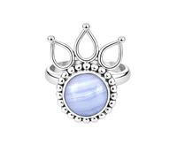 925 Sterling Silver Ring for Women Round Blue Lace Agate Gemstone Boho Beaded Solitaire Handmade Jewelry Gift for Her R-11AL_Y